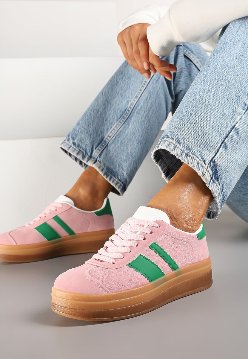 Różowo-Zielone Sneakersy na Płaskiej Podeszwie z Ozdobnymi Paskami Velali