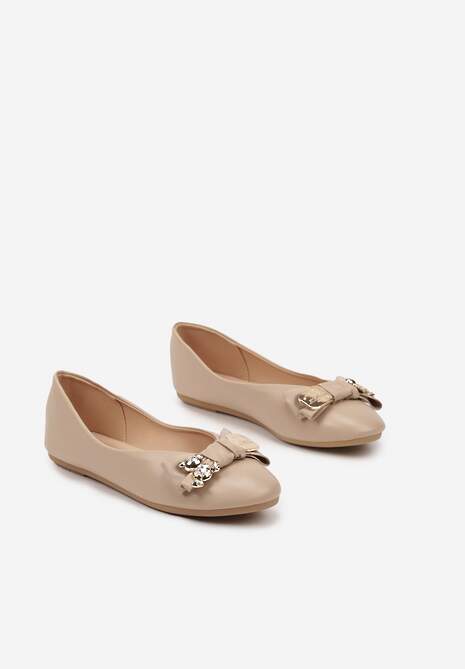 Ciemnobeżowe Płaskie Balerinki Ozdobione Misiem i Kokardą Worevelis