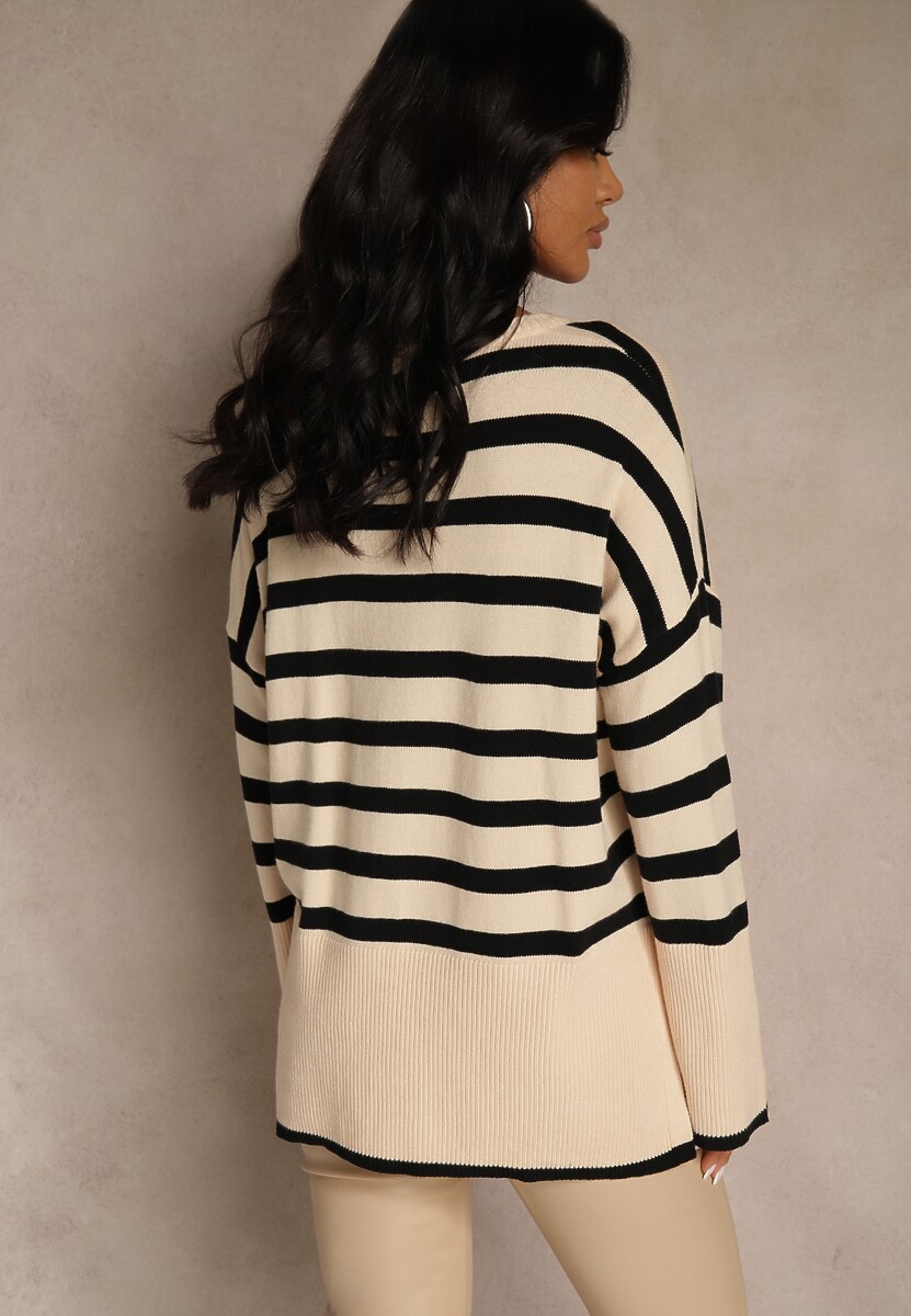 Kremowo-Czarny Sweter Oversize w Paski Kalitusa