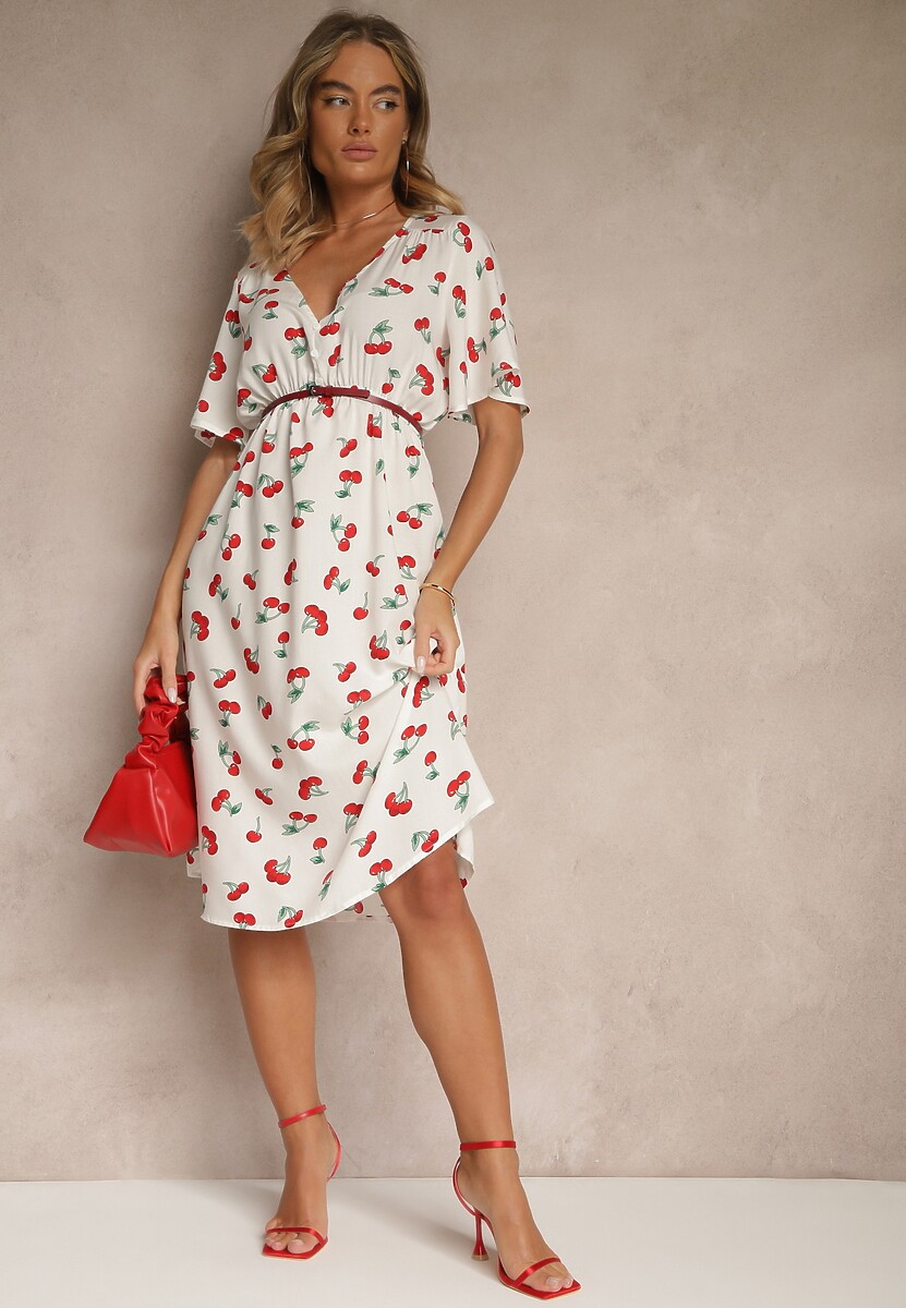 Biała Rozkloszowana Sukienka z Bawełny Zdobiona Printem w Wisienki Folenea