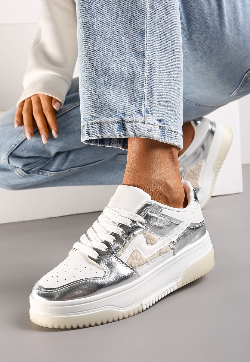 Biało-Srebrne Sneakersy na Grubej Podeszwie z Futerkiem Malvira
