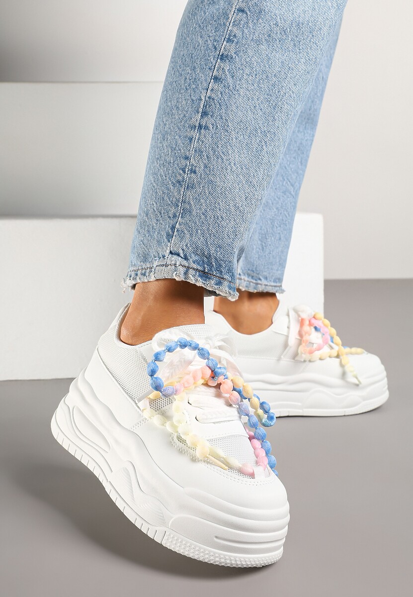 Beżowe Sneakersy na Platformie z Koralikami Amovanna