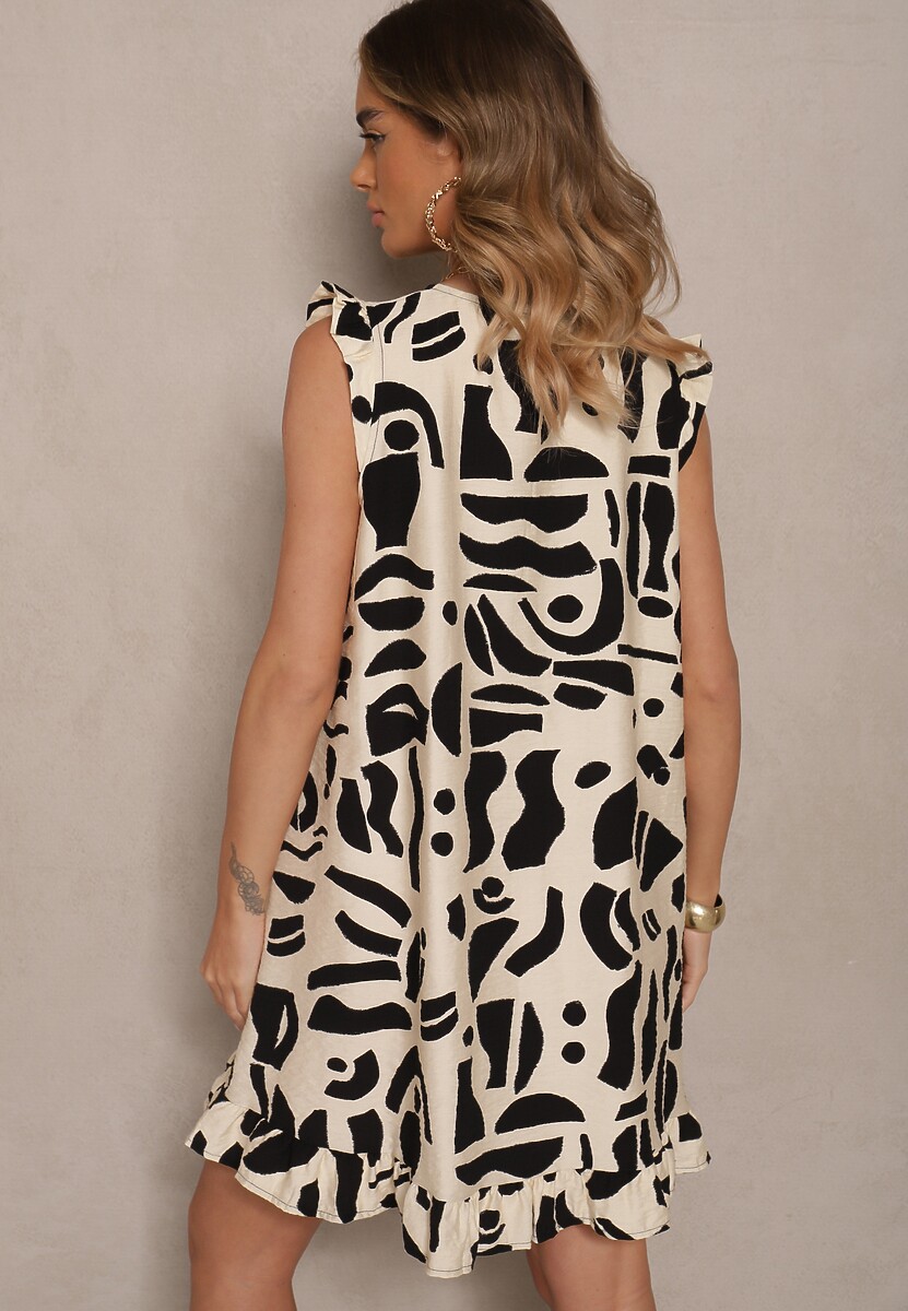 Czarna Rozkloszowana Sukienka w Abstrakcyjny Print z Dekoltem w Kształcie V Mevioraia