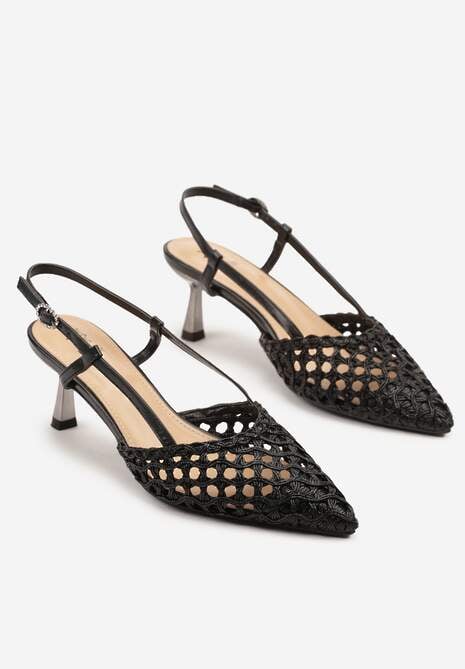 Czarne Sandały na Kaczuszce Slingback z Plecionką Clevassa