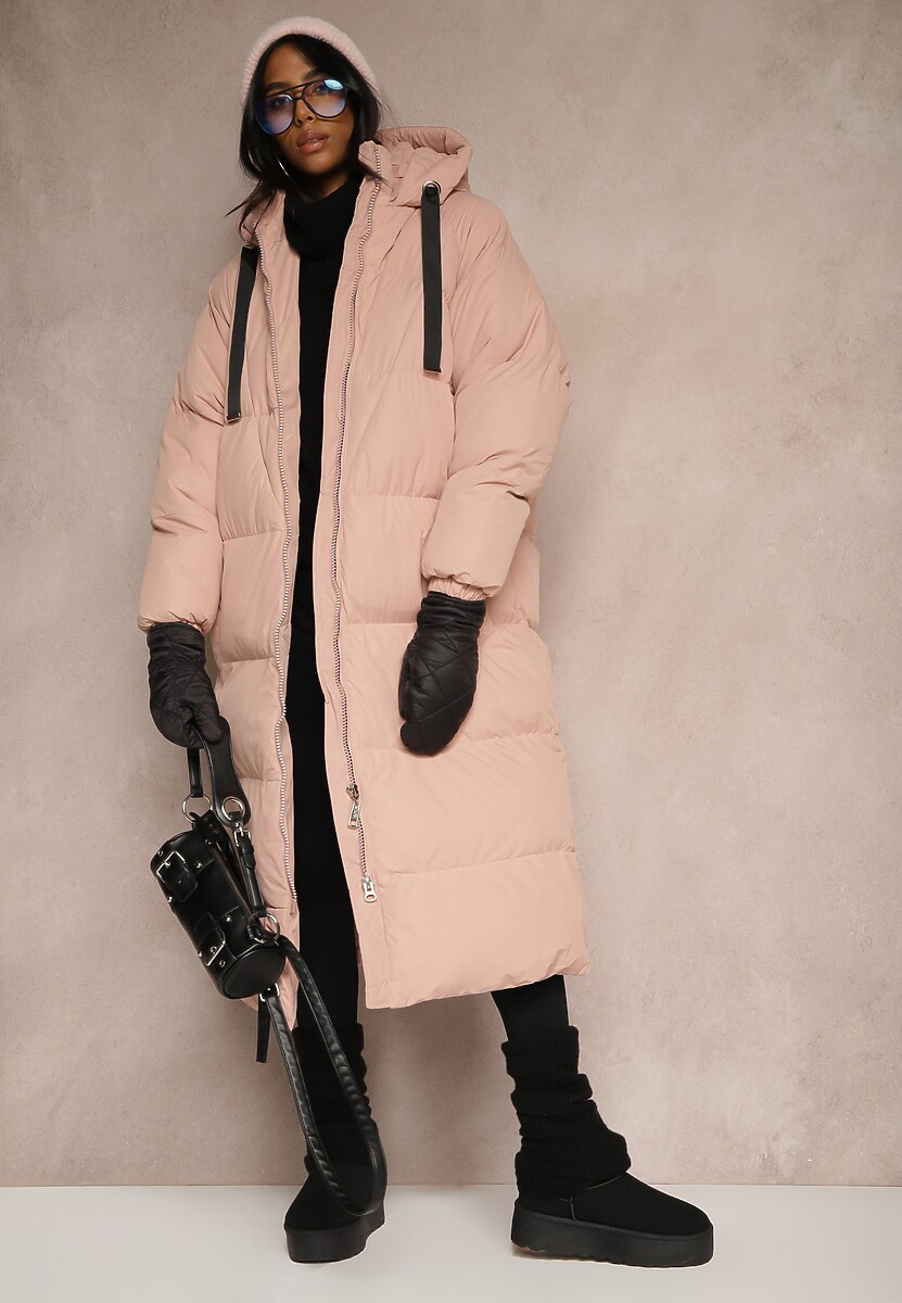Różowa Długa Kurtka Pikowana Płaszcz z Kapturem Serea
