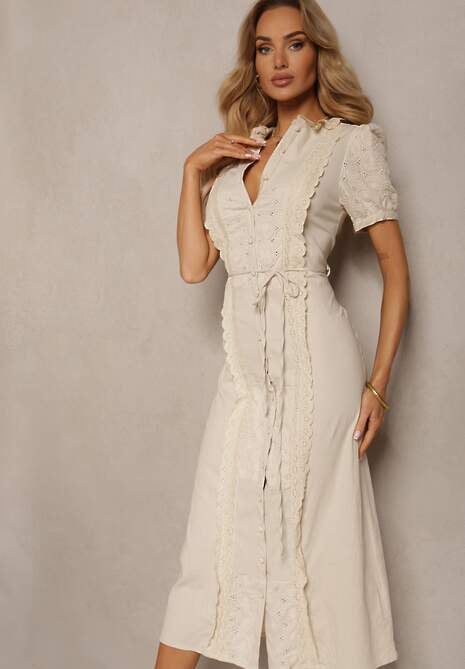 Jasnobeżowa Bawełniana Sukienka z Paskiem Ozdobiona Koronką Virona