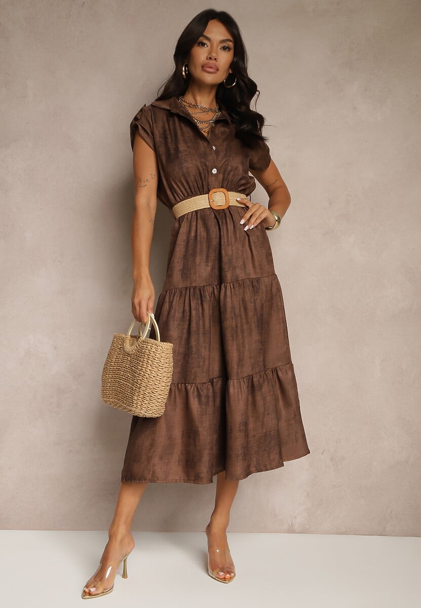 Jasnobeżowa Sukienka z Guzikami i Paskiem z Plecionki Fillona