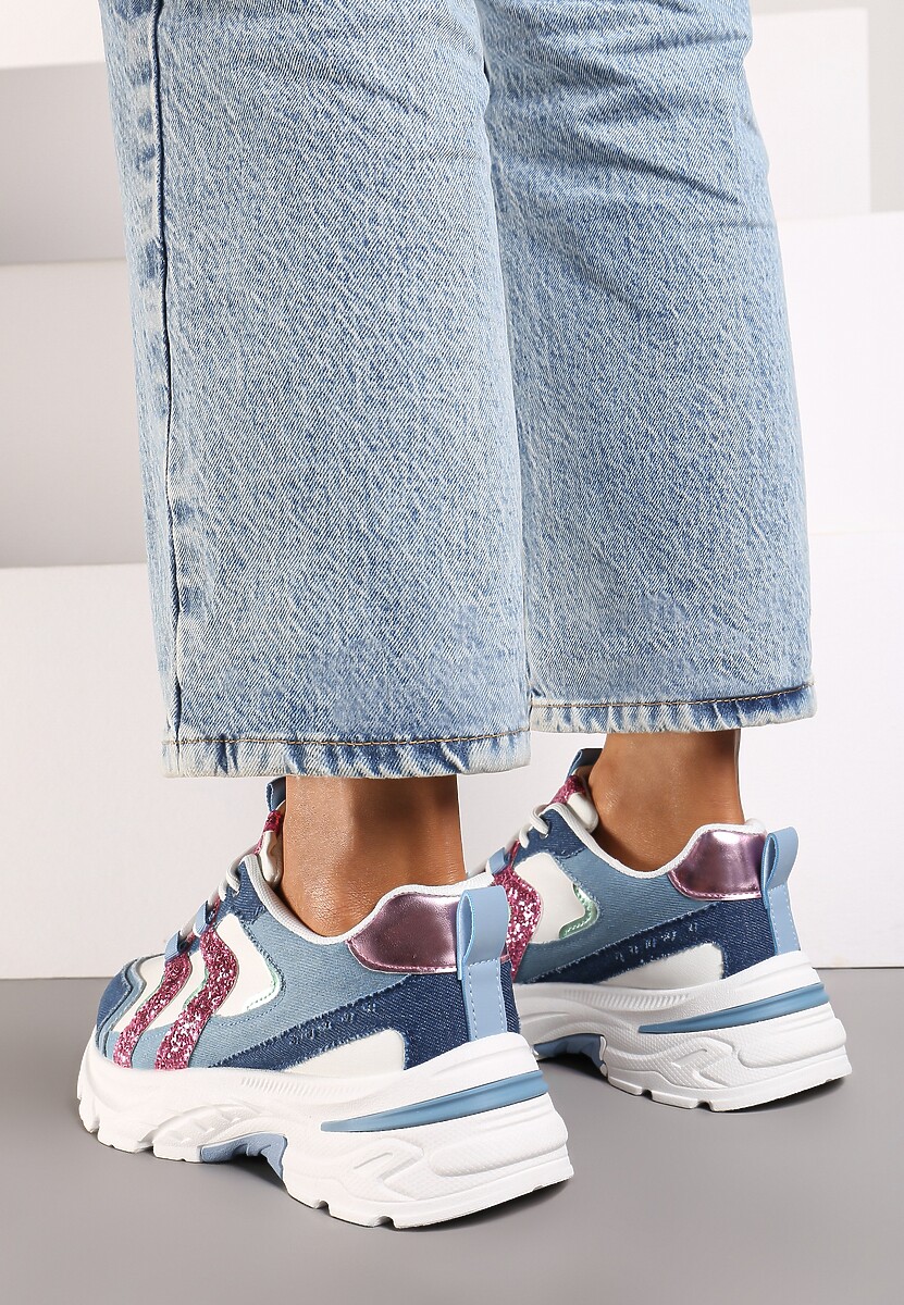 Niebieskie Sznurowane Sneakersy na Platformie Ozdobione Brokatem Betira