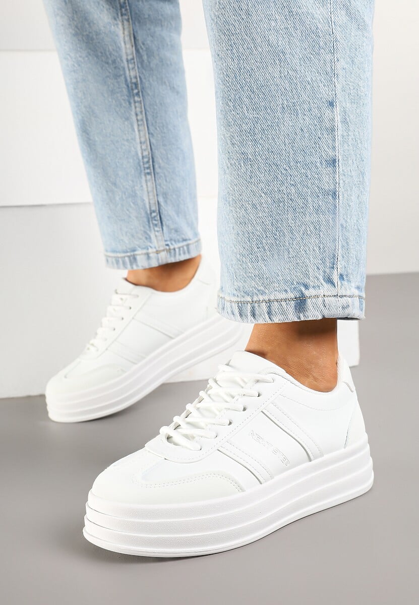 Białe Sneakersy w Stylu Kultowych Tenisówek na Grubej Podeszwie Agerla