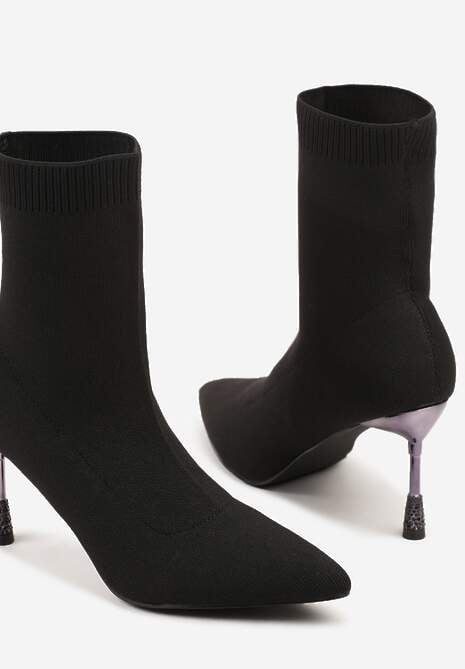 Czarne Botki Vices na Biżuteryjnej Szpilce ze Skarpetkową Cholewką i Noskiem w Szpic Tififre