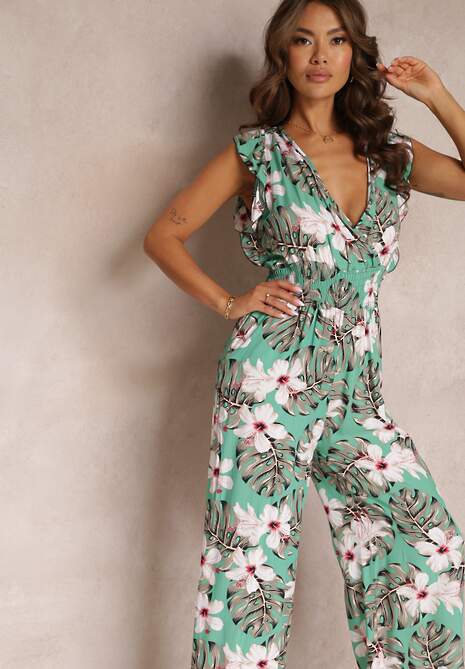 Miętowy Długi Kombinezon Bawełniany w Kwiaty Vegita
