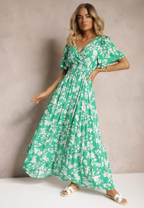 Ciemnozielona Kopertowa Sukienka Maxi z Gumką w Pasie i Wiązaniem na Plecach Dangela