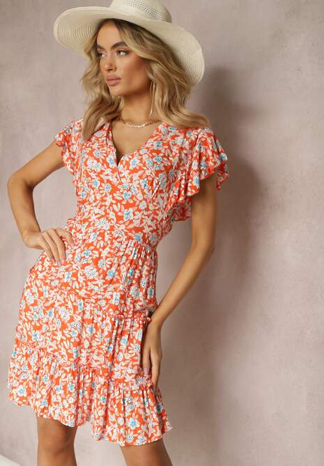 Pomarańczowa Sukienka w Kwiaty z Falbankami i Kopertowym Dekoltem z Wiskozy Cilgara