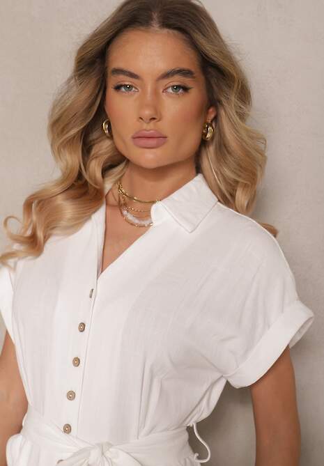 Biała Bawełniana Sukienka Koszulowa z Wiązanym Paskiem i Krótkim Rękawem Elannoria