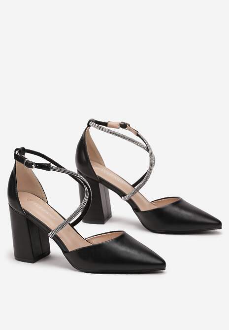 Czarne Czółenka na Słupku z Noskiem w Szpic i Paskami w Cyrkonie Grigorina