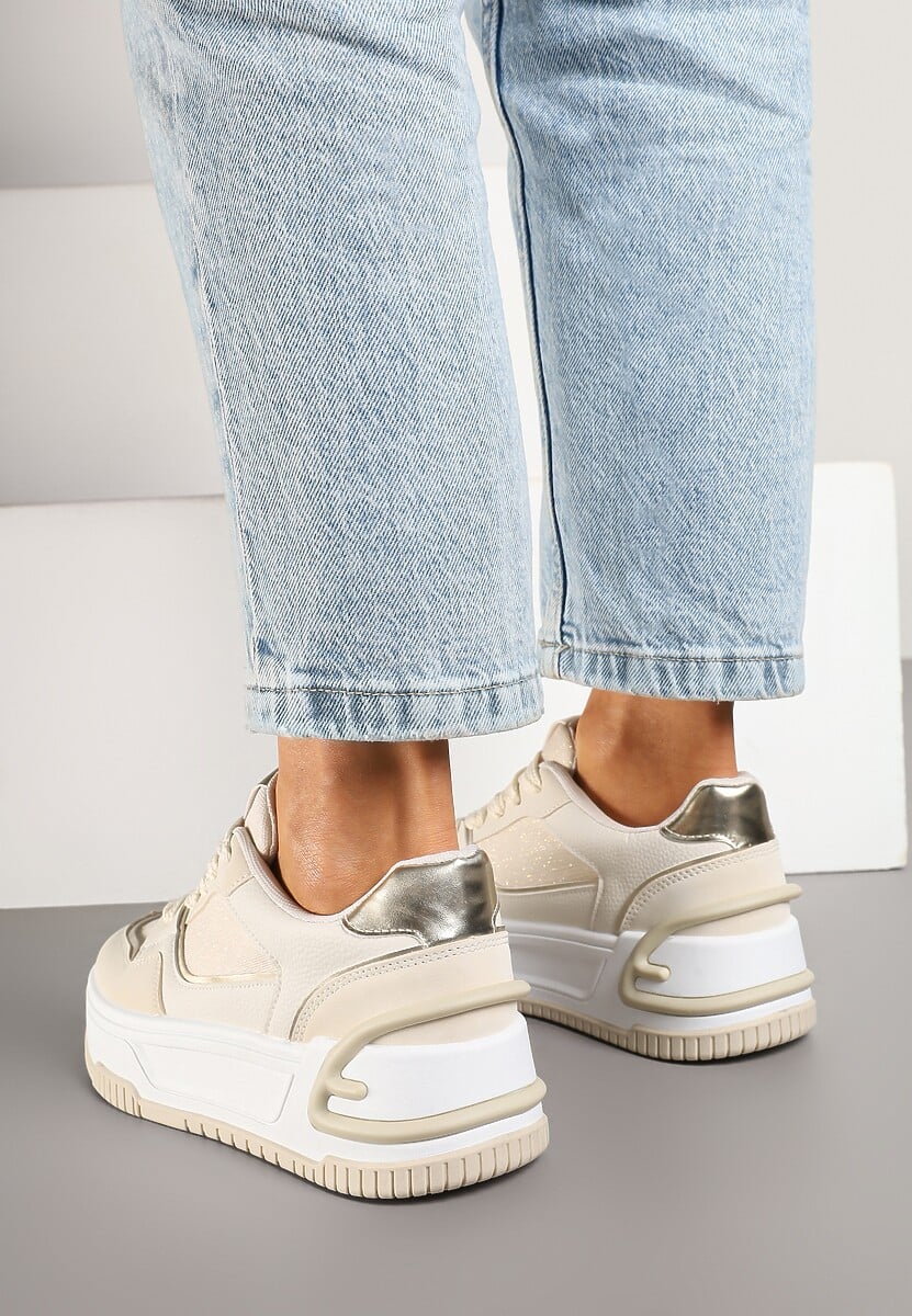 Beżowe Sneakersy na Platformie Ozdobionej Tłoczeniem Deovithra