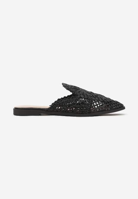 Czarne Klapki Mule Ozdobione Koronką Setilwena
