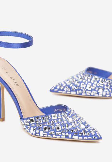 Niebieskie Sandały na Szpilce z Cyrkoniami i Sprzączką Adatine