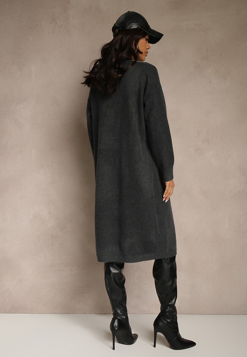 Ciemnoszary Niezapinany Kardigan z Wełną o Długim Kroju Mevidalla