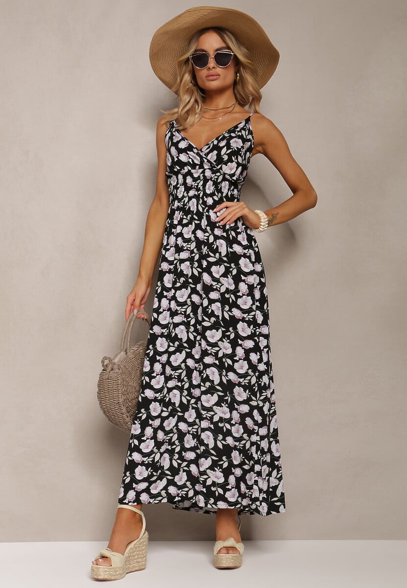 Czarna Bawełniana Sukienka na Cienkich Ramiączkach w Kwiecisty Wzór o Rozkloszowanym Fasonie Rosaq