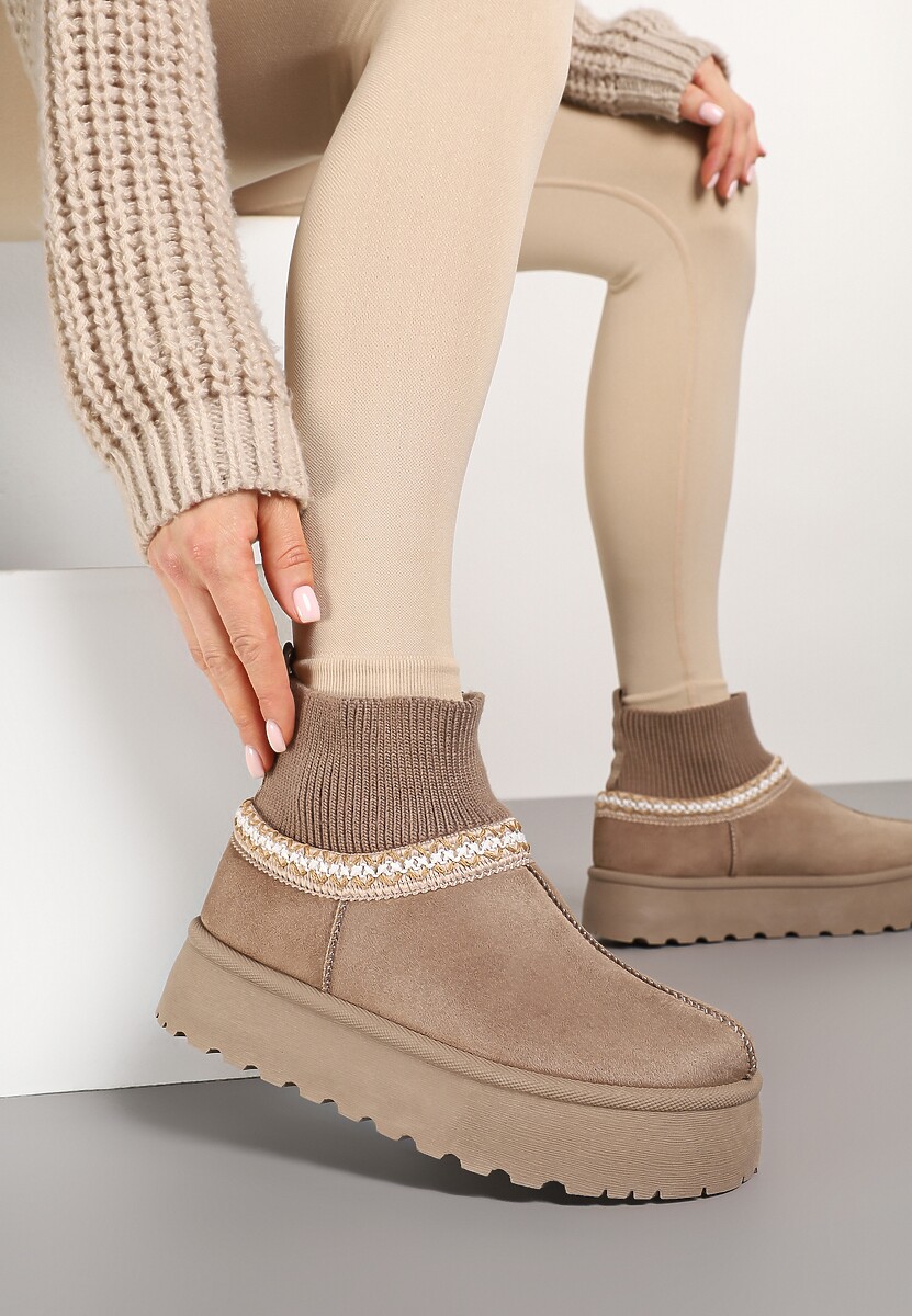 Brązowe Śniegowce na Platformie ze Skarpetową Cholewką Erevelis