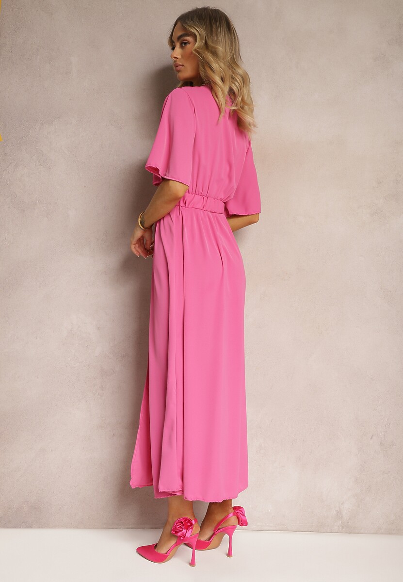Różowa Kopertowa Sukienka z Gumką w Talii i Paskiem Amperi