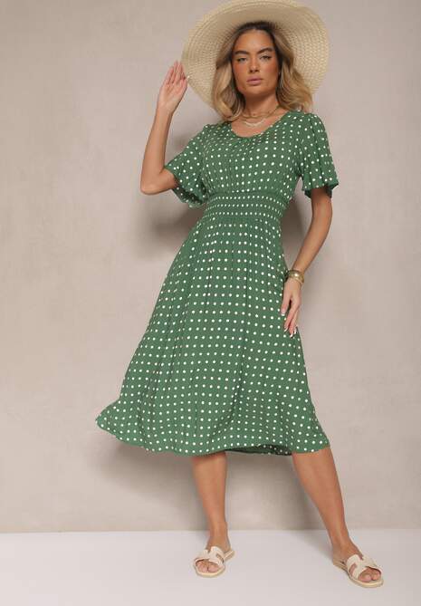 Zielona Bawełniana Sukienka o Rozkloszowanym Fasonie w Kropki Tolimirae