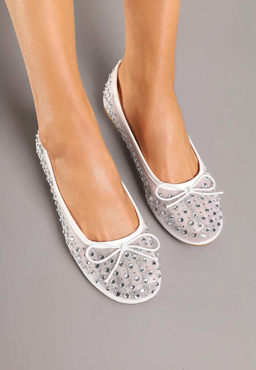 Białe Siateczkowe Balerinki Zdobione Cyrkoniami i Kokardką Revia