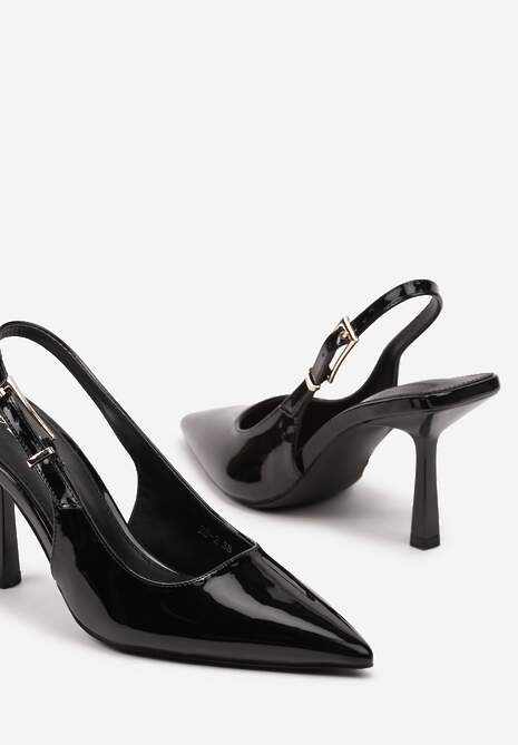 Czarne Lakierowane Sandały Czółenka Slingback Silvesa