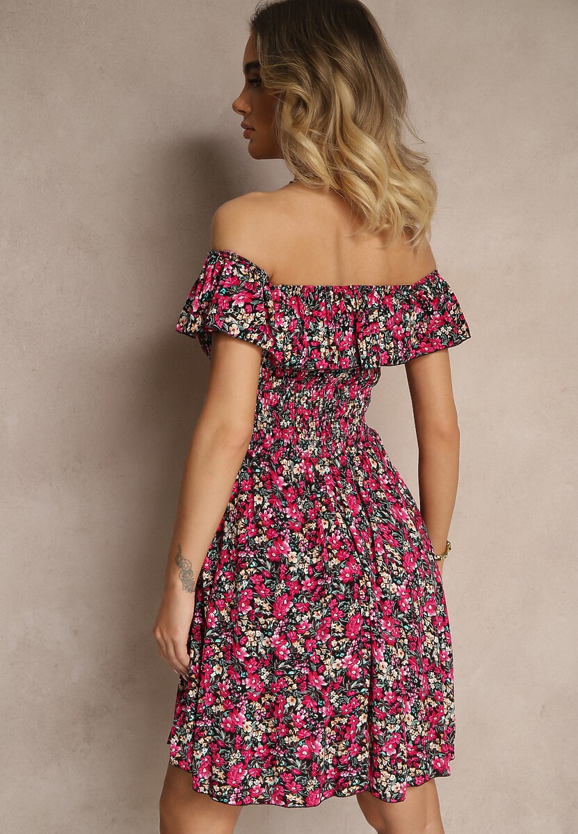 Czarna Bawełniana Sukienka Hiszpanka  w Kwiaty z Falbankami Nairavie