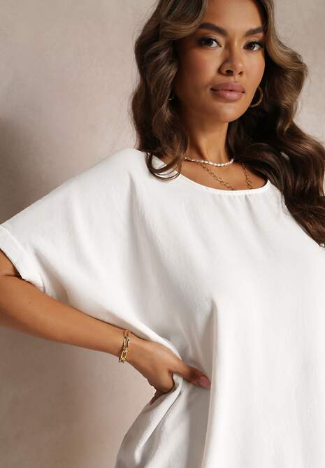 Biała Sukienka Mini o Fasonie Nietoperza z Okrągłym Dekoltem Maglia