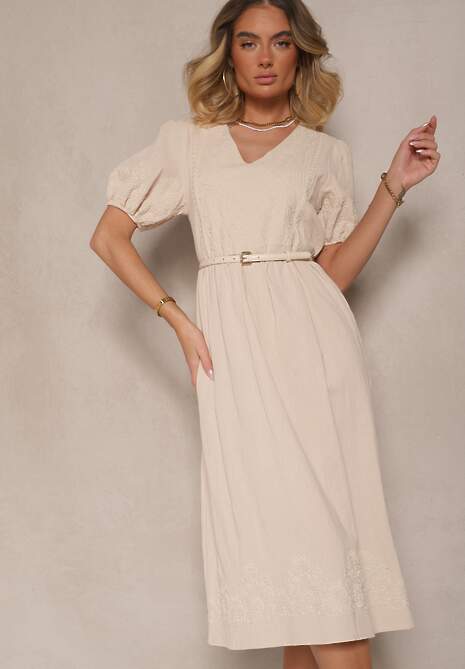 Jasnobeżowa Rozkloszowana Sukienka z Bawełny w Stylu Boho z Haftowanymi Zdobieniami Lannilsa