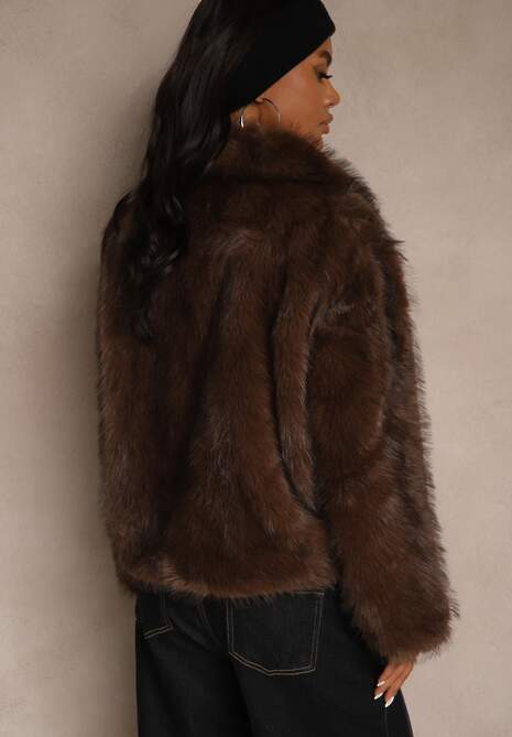 Brązowa Kurtka Futrzana Ozdobiona Kołnierzem Avelire