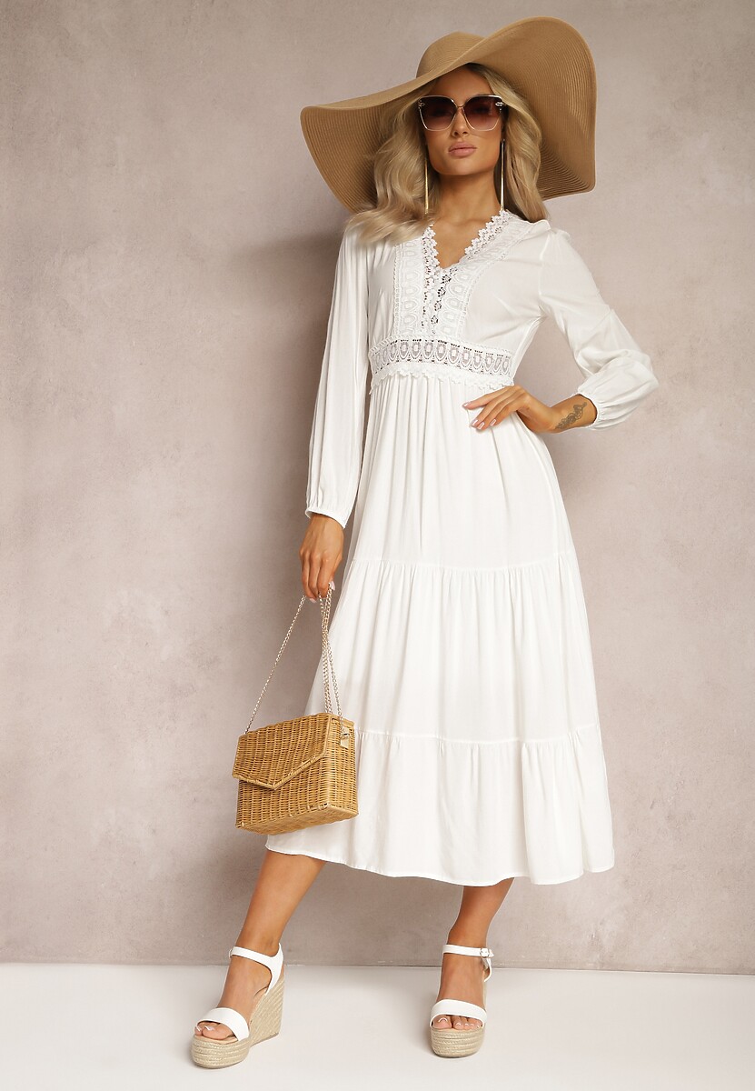 Beżowa Sukienka Rozkloszowana z Falbanką i Koronką Kiaya