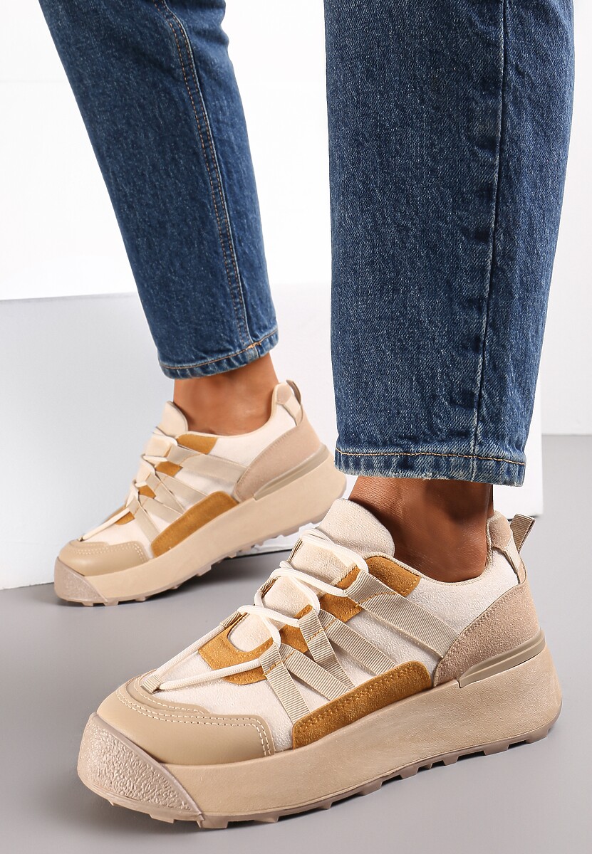 Beżowo-Fioletowe Sznurowane Płaskie Sneakersy z Kolorowymi Wstawkami z Ekoskóry Wonise