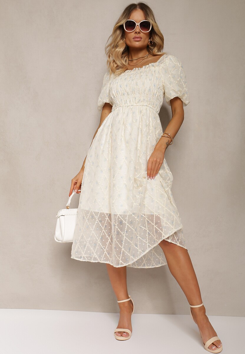 Beżowo-Niebieska Sukienka z Marszczonym Dekoltem o Rozkloszowanym Kroju z Bufiastymi Rękawami Vikirrena