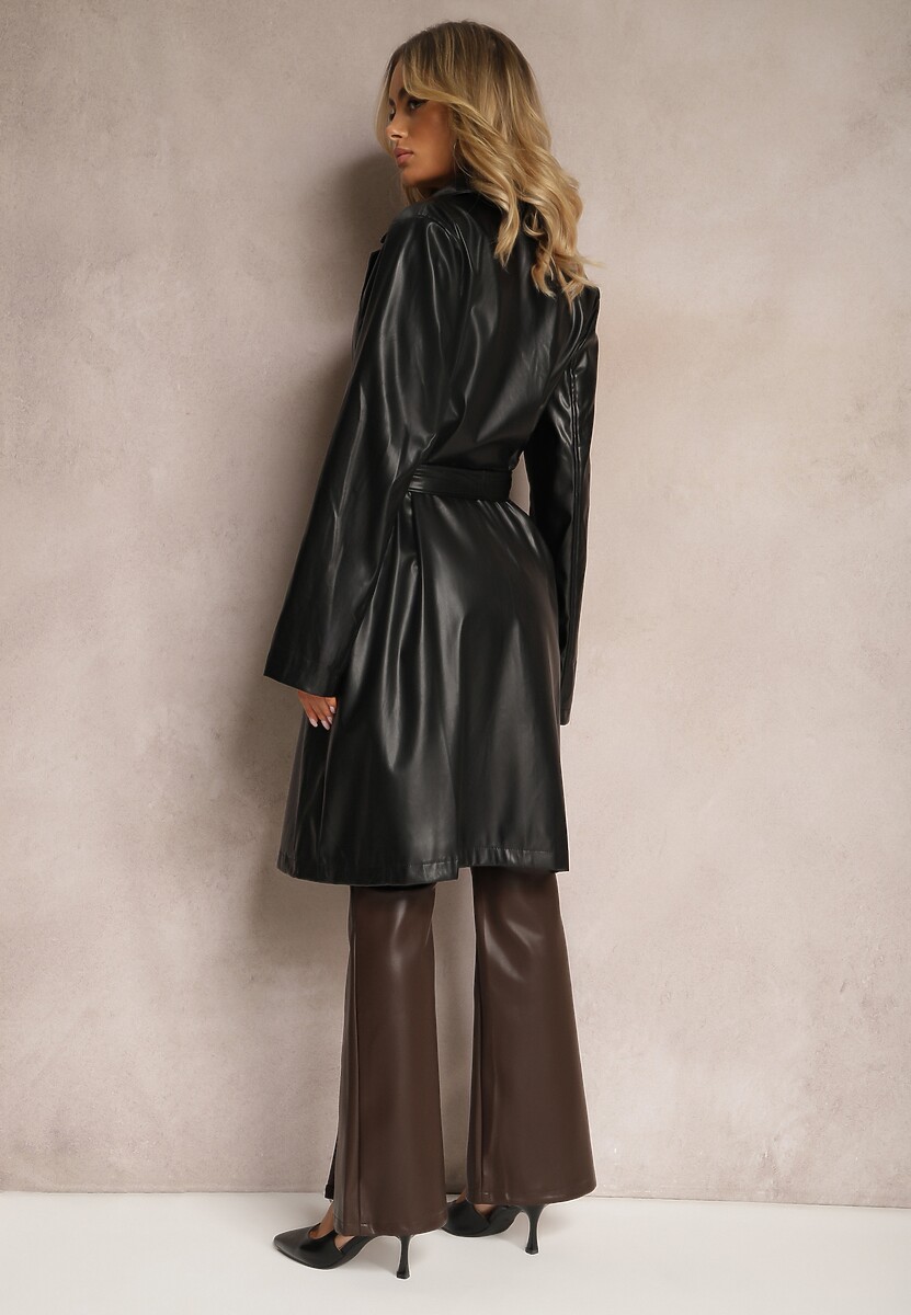 Czarny Jednorzędowy Płaszcz z Ekoskóry i Wiązanym Paskiem w Talii Onagia