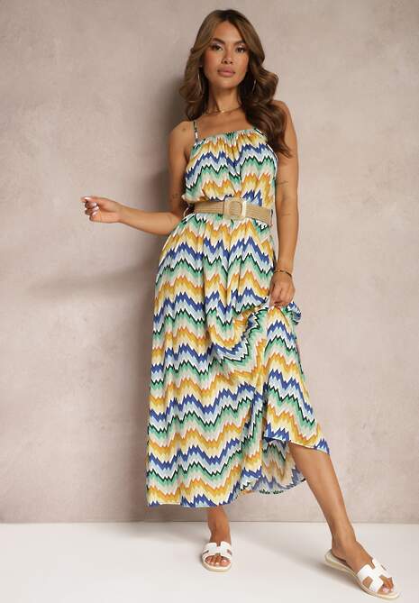 Niebiesko-Żółta Wiskozowa Sukienka z Regulowanymi Ramiączkami i Paskiem w Talii Vikitha