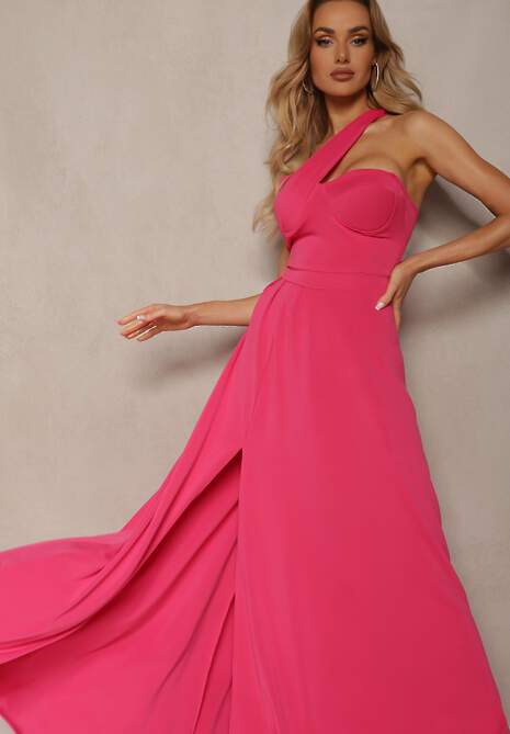 Fuksjowa Sukienka o Rozkloszowanym Kroju na Jedno Ramię z Głębokim Rozcięciem Efiela