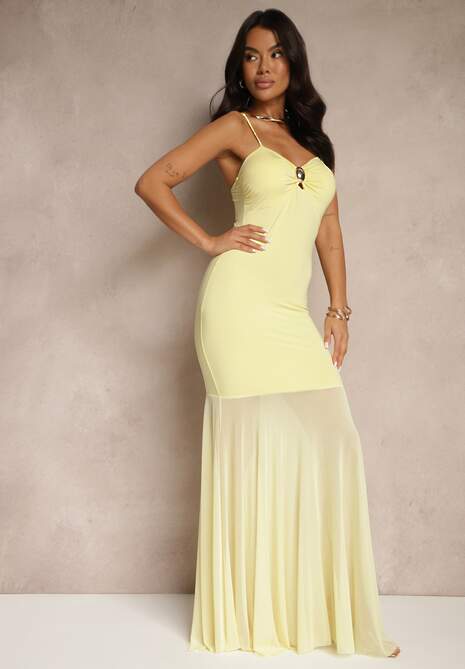 Żółta Sukienka na Ramiączkach z Wiskozą z Siateczkowym Zdobieniem Savorielle