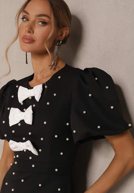 Czarna Sukienka Dopasowana z Perełkami i Kokardkami Sovmoi
