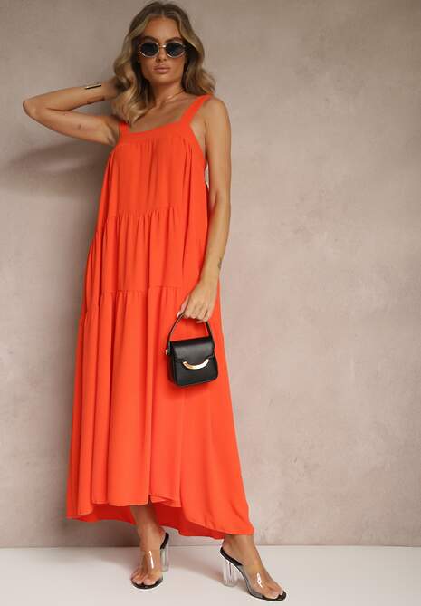 Pomarańczowa Rozkloszowana Sukienka Ozdobiona Wiązaniem na Plecach Saviande