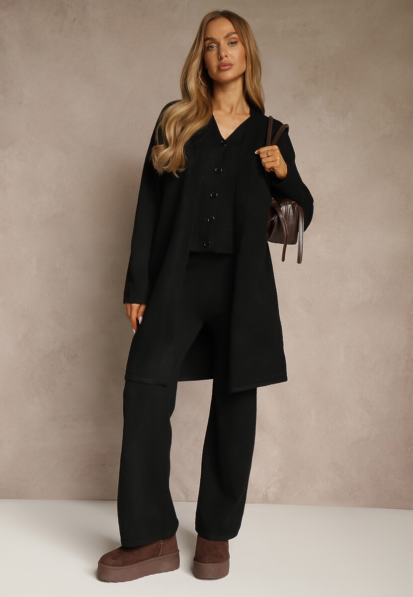 Brązowy Komplet z Dzianiny z Wełną Długi Kardigan Kamizelka i Spodnie Netivia