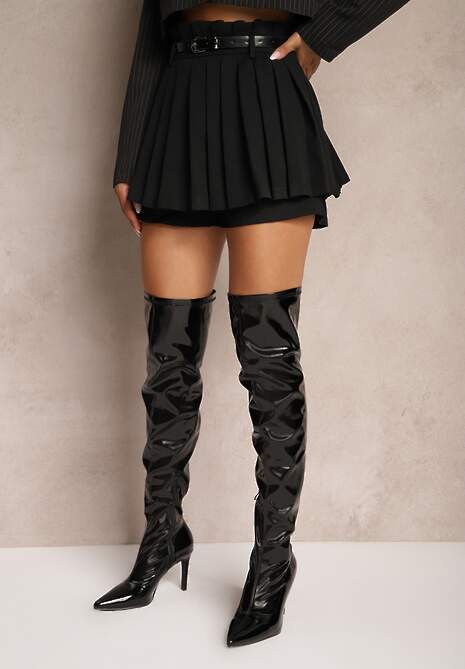 Czarne Spódnico-Szorty Plisowane High Waist Ozdobione Paskiem Eranivia