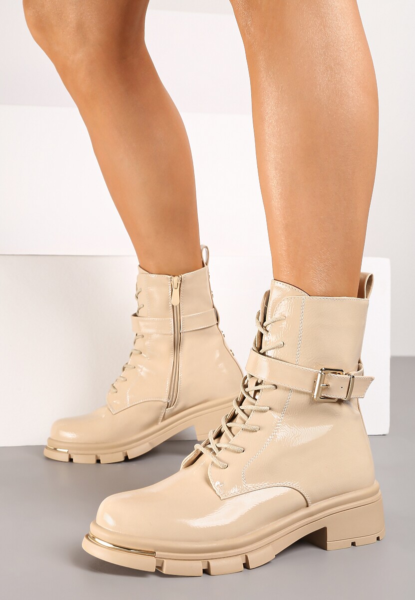 Beżowe Botki Workery na Słupku z Ozdobnym Paskiem i Klamrą Ansilia