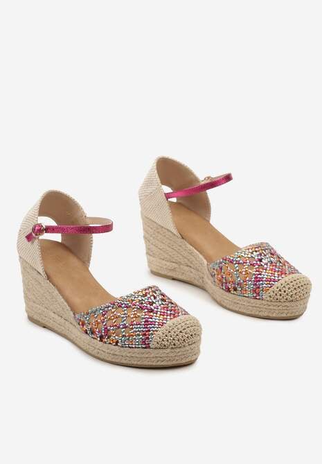 Różowo-Niebieskie Ażurowe Sandały na Koturnie Ozdobionym Plecionką z Juty Zapinane przy Kostce Conna