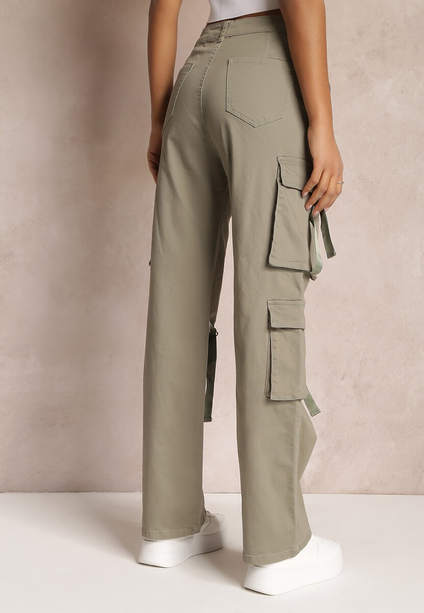 Ciemnozielone Jeansy Cargo z Kieszeniami i Taśmami Vinlis