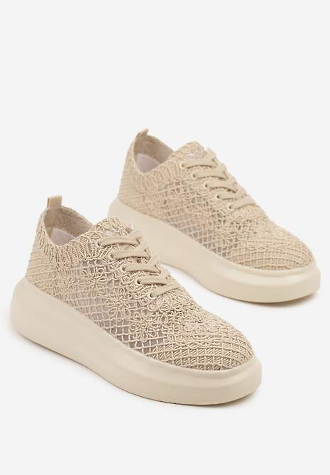 Beżowe Sneakersy Typu Tenisówki z Ażurową Cholewką i Skórzaną Wkładką Sonelis
