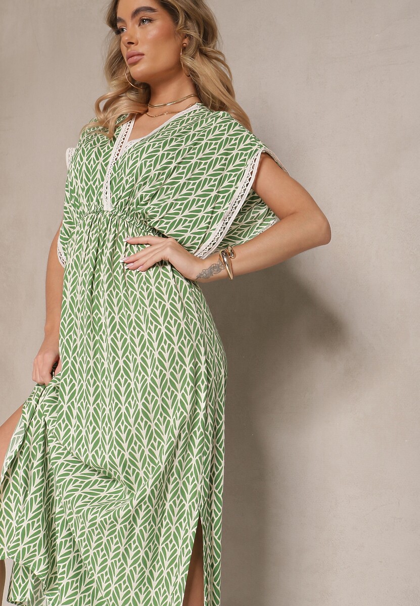 Zielona Sukienka Rozkloszowana z Bawełny Wykończona Koronką Lanadria