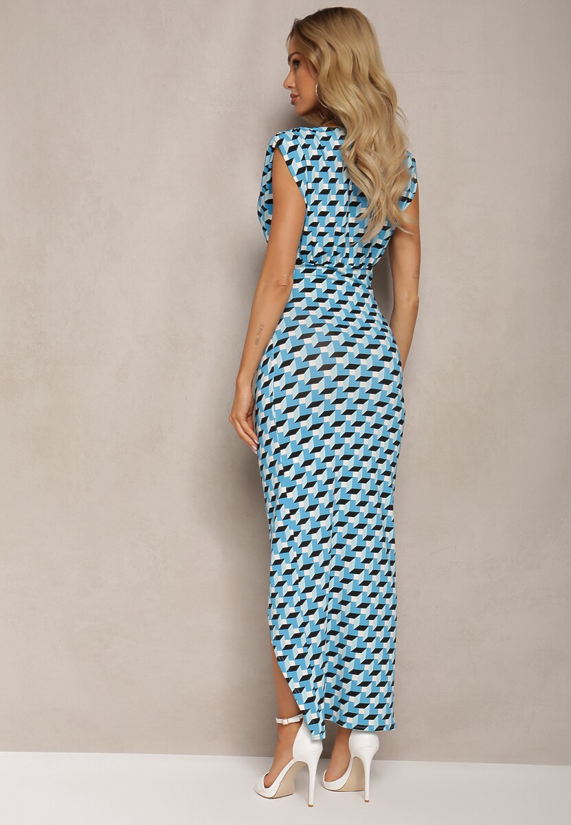 Niebiesko-Czarna Dopasowana Sukienka Maxi z Marszczeniem i Rozcięciem Kalalia